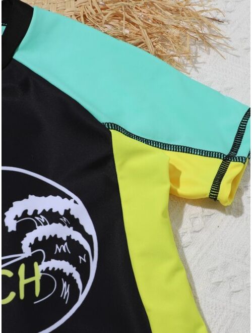 Shein Boys Coconut Tree Letter Graphic Colorblock Raglan Sleeve One Piece Swimsuit