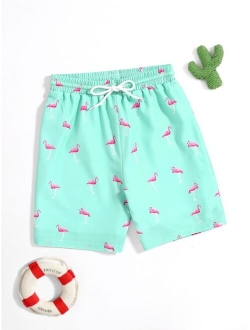 Boys Flamingo Print Drawstring Waist Swim Trunks