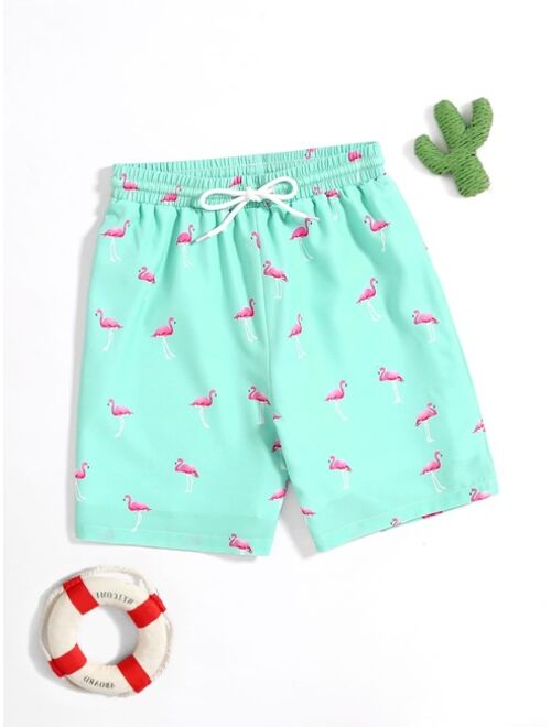 Shein Boys Flamingo Print Drawstring Waist Swim Trunks