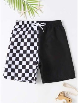 Boys Checkered Print Drawstring Waist Swim Shorts