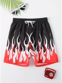 Boys Fire Print Drawstring Waist Swim Shorts