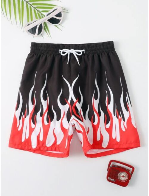 Shein Boys Fire Print Drawstring Waist Swim Shorts