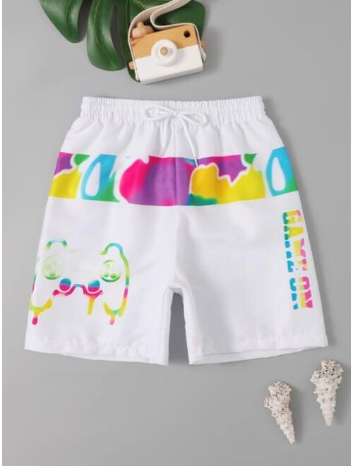 Shein Boys Gamepad Letter Graphic Drawstring Waist Swim Shorts