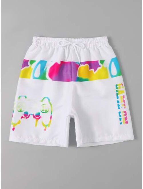 Shein Boys Gamepad Letter Graphic Drawstring Waist Swim Shorts