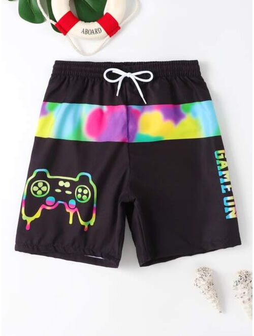 Shein Boys Gamepad Letter Graphic Drawstring Waist Swim Shorts