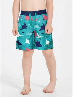 SOLOCOTE Boys Fish Print Drawstring Waist Swim Trunks