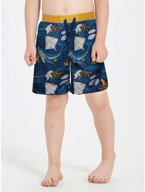 Shein SOLOCOTE Boys Fish Print Drawstring Waist Swim Trunks