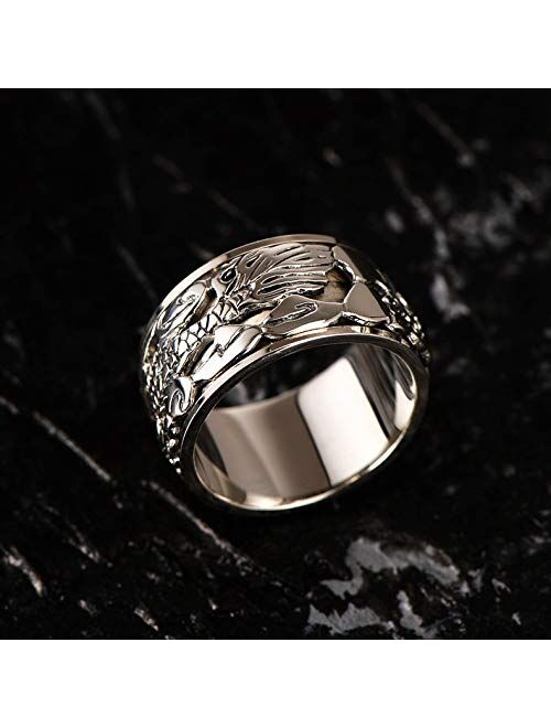 Forfox Retro Vintage 925 Sterling Silver Chinese Dragon Spinner Ring Band Jewelry for Men Women 12mm Size 8-13