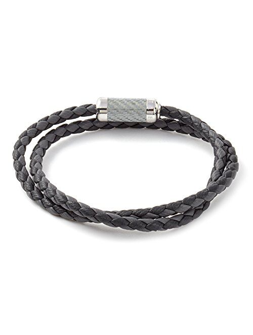 Tateossian Mens Double Wrapped Italian Leather Montecarlo Carbon Fiber Silver Clasp Bracelet