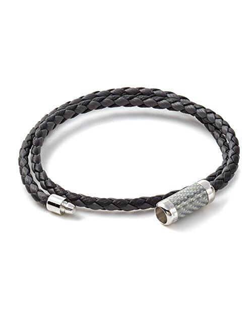 Tateossian Mens Double Wrapped Italian Leather Montecarlo Carbon Fiber Silver Clasp Bracelet