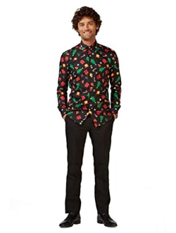 Christmas Fitted Button-up Shirt with Long Sleeves for Men in Different Prints