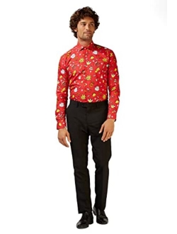 Christmas Fitted Button-up Shirt with Long Sleeves for Men in Different Prints