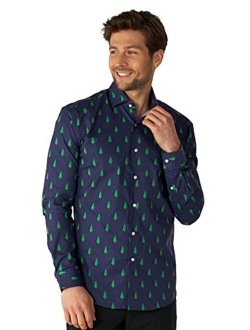 Christmas Fitted Button-up Shirt with Long Sleeves for Men in Different Prints