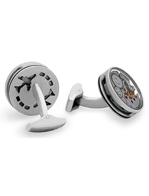 Tateossian Slim Skeleton Round Gear cufflinks with Matte Rhodium Finish, Silver