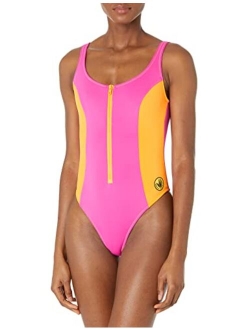 Women's Standard 80's Throwback Time Zip Front One Piece Swimsuit