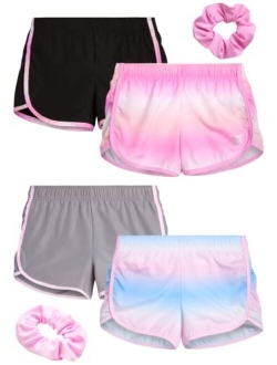 Girls Shorts 4 Pack Athletic Performance Dry Fit Dolphin Gym Shorts, Scrunchie (7-12)