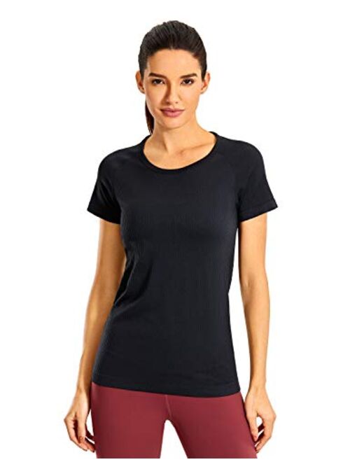 CRZ YOGA Seamless Workout Shirts for Women Short Sleeve Plain Tees Quick Dry Gym Athletic Tops