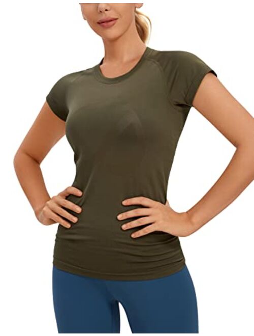 CRZ YOGA Seamless Workout Shirts for Women Short Sleeve Plain Tees Quick Dry Gym Athletic Tops