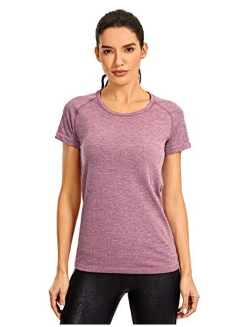 CRZ YOGA Seamless Workout Shirts for Women Short Sleeve Plain Tees Quick Dry Gym Athletic Tops