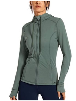 Women's Brushed Full Zip Hoodie Jacket Sportswear Hooded Workout Track Running Jacket with Zip Pockets