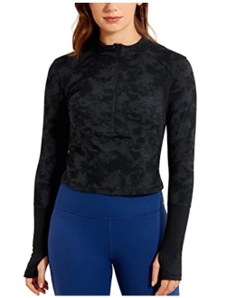 Women's Long Sleeve Crop Top Quick Dry Half-Zip Workout Shirts Running Athletic Shirt