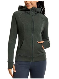 Women's Cotton Hoodies Sport Workout Running Full Zip Hooded Jackets Sweatshirt with Thumb Holes