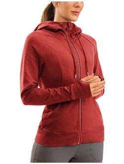 Women's Cotton Hoodies Sport Workout Running Full Zip Hooded Jackets Sweatshirt with Thumb Holes