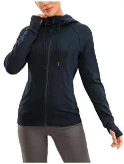 Women's Cotton Hoodies Sport Workout Running Full Zip Hooded Jackets Sweatshirt with Thumb Holes