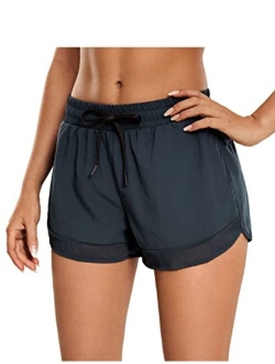 Women's Mid Rise Running Shorts Mesh Liner 3'' - Quick Dry Drawstring Workout Athletic Gym Shorts Zip Pocket