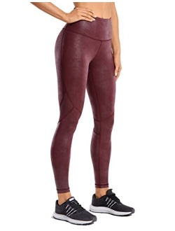 Women's Faux Leather Workout Leggings 25 Inches - Mesh Tight Athletic Pants with Drawcord Matte Coated