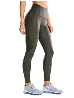 Women's Faux Leather Workout Leggings 25 Inches - Mesh Tight Athletic Pants with Drawcord Matte Coated