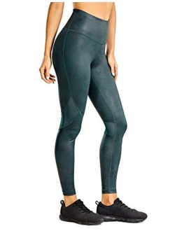 Women's Faux Leather Workout Leggings 25 Inches - Mesh Tight Athletic Pants with Drawcord Matte Coated