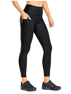 Women's Faux Leather Workout Leggings 23 Inches - High Waisted Yoga Pants Stretchy Capris with Pockets