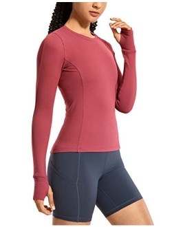 Women's Long Sleeve Running Shirt with Thumbholes Slim Fit Athletic Workout Base Layer Top with Pocket