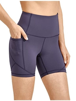 Women's Naked Feeling Biker Shorts - 5 Inches High Waisted Gym Running Compression Spandex Shorts Side Pockets