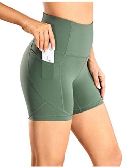 Women's Naked Feeling Biker Shorts - 5 Inches High Waisted Gym Running Compression Spandex Shorts Side Pockets