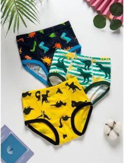 Boys 3pcs Dinosaur Striped Print Contrast Binding Brief