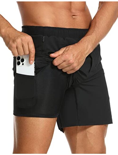 CRZ YOGA Men's 2 in 1 Gym Workout Shorts with Liner - 6'' Quick Dry Running Athletic Shorts with Zipper Pockets