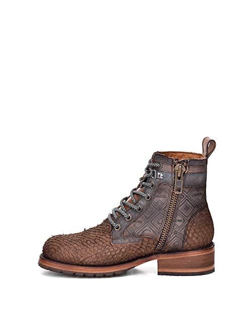 Cuadra Men's Lace Up Boot in Genuine Pirarucu Leather with Zipper Brown