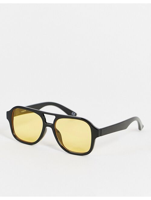 ASOS DESIGN 70's Aviator sunglasses in black frame with yellow lens - BLACK