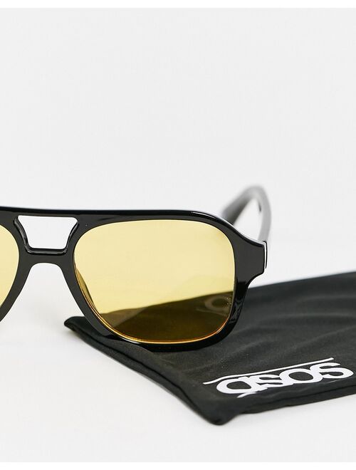 ASOS DESIGN 70's Aviator sunglasses in black frame with yellow lens - BLACK