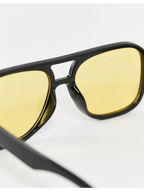 ASOS DESIGN 70's Aviator sunglasses in black frame with yellow lens - BLACK