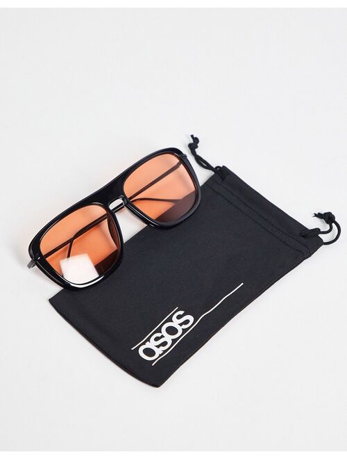 ASOS DESIGN aviator sunglasses in black with orange lens