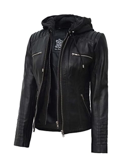 Hooded Leather Jacket Women - Real Lambskin Womens Leather Jacket with Detachable Hood