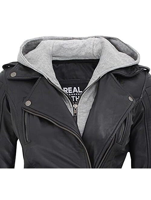 Decrum Hooded Leather Jacket Women - Real Lambskin Womens Leather Jacket with Detachable Hood