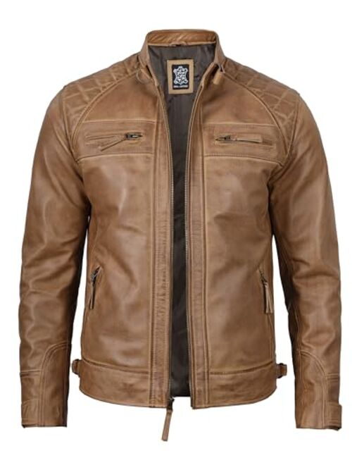 Decrum Leather Jacket Men - Cafe Racer Motorcycle Real Lambskin Leather Biker Jacket