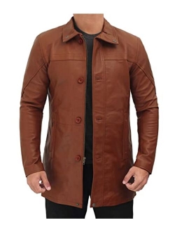 Mens Black Leather Coat - Real Leather 3/4 Length Brown Carcoat Winter Jackets for Men