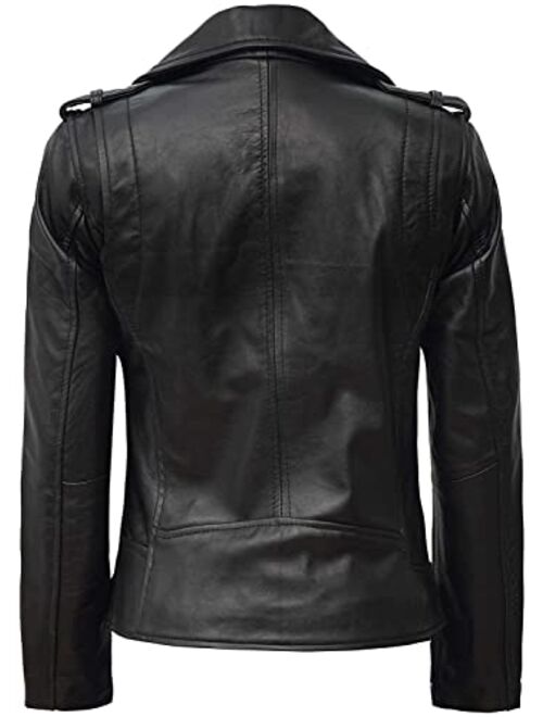 Decrum Biker Leather Jacket Women - Ladies Sexy Racer Motorcycle Jackets