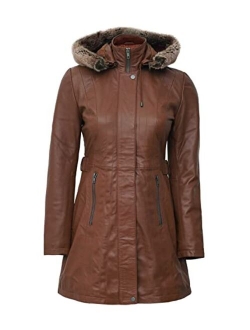 Brown Hooded Parka Leather Coat Real Leather Jackets for Women