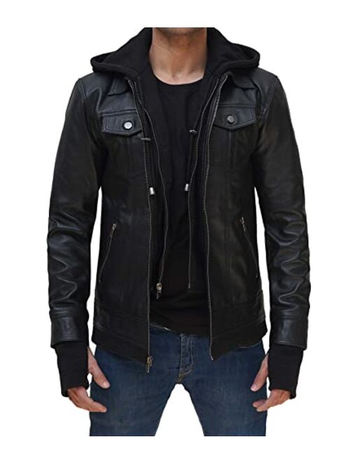 Decrum Hooded Leather Jackets For Men - Motorcycle Style Removable Hoodie Jacket